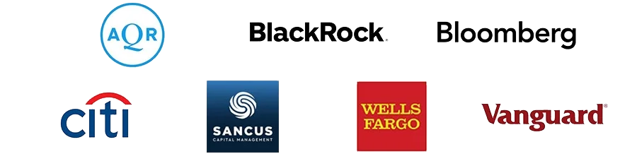 grid of logos for aqr, blackrock, bloomberg, citi, sancus capital management, wells fargo, vanguard