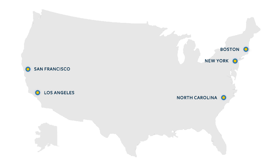 map of the us with pins on san francisco, los angeles, boston, new york, and north carolina