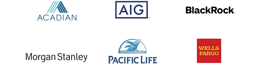 grid of company logos: acadian, aig, blackrock, morgan stanley, pacific life, wells fargo