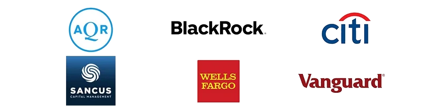 Grid of company logos: aqr, blackrock, citi, sancus, wells fargo, vanguard