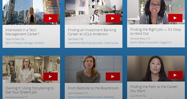 gallery view of youtube videos about MBA students telling their stories