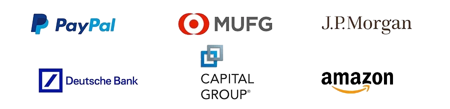 grid of logos for paypal, mufg, j.p. morgan, deutsche bank, capital group, amazon