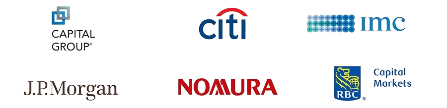 A grid of logos for capital group, citi, imc, j.p. morgan, nomura, and rbc captial markets